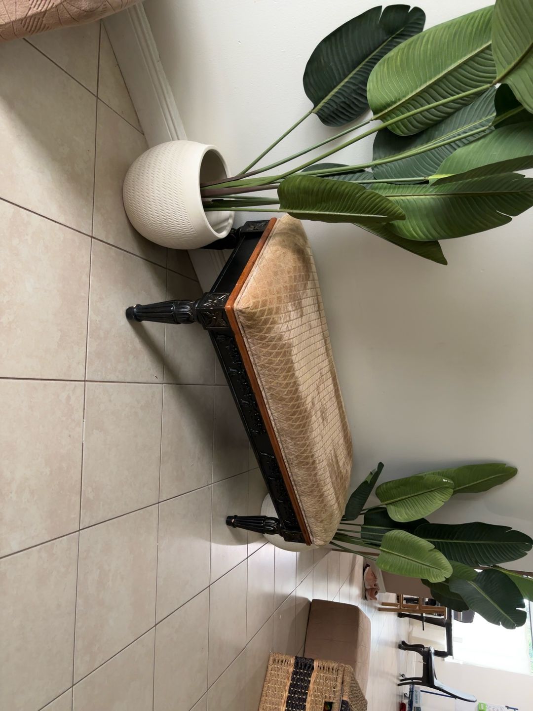 Noir Indochine Black Wood and Woven Cane Entryway Bench