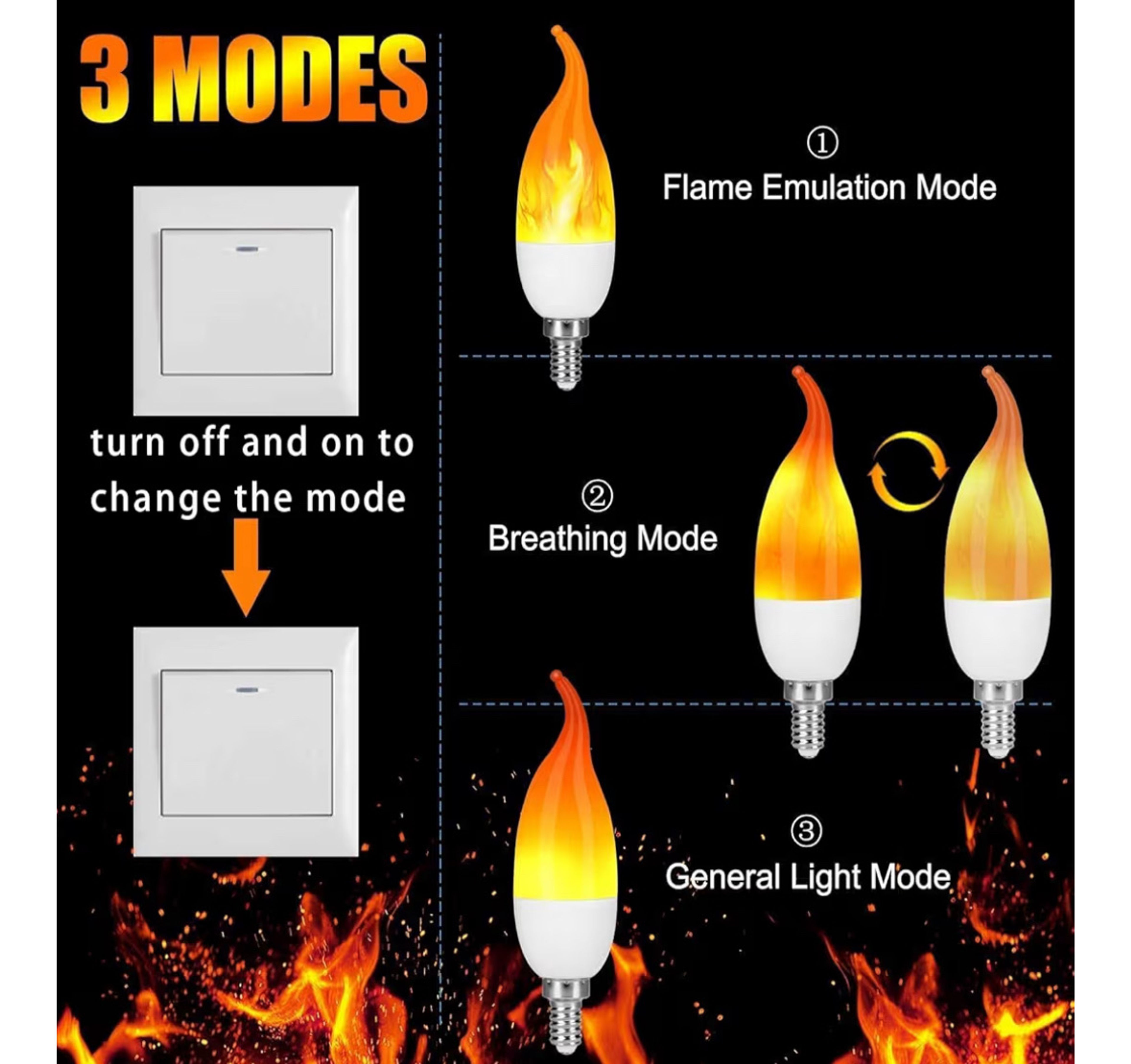 E12 3 Mode LED 1800k Candelabra Flame Light Bulbs 4 Pack, 2.0W Warm White - Image 4