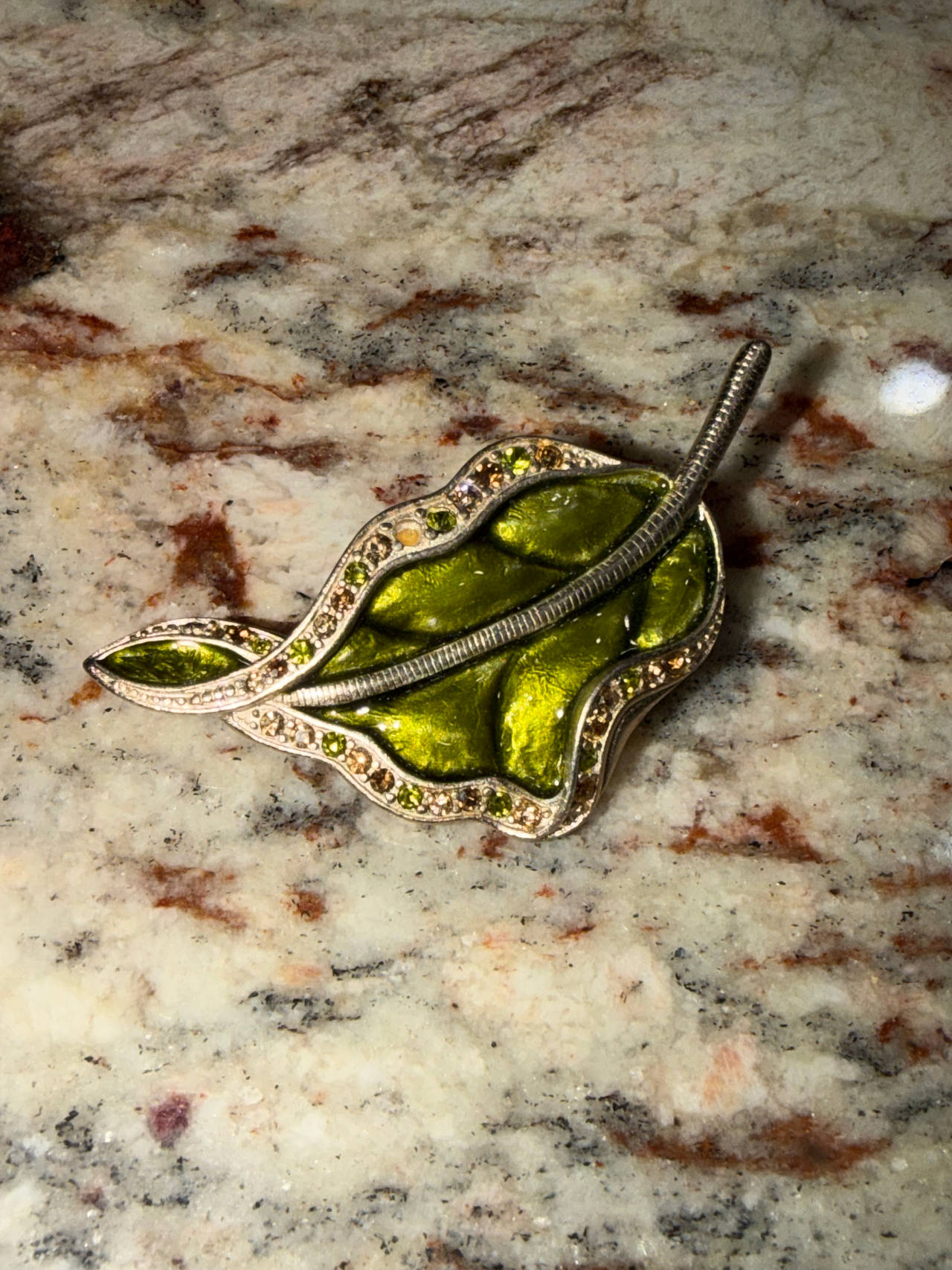 Liz Claiborne Green Enamel and Rhinestone Leaf Brooch