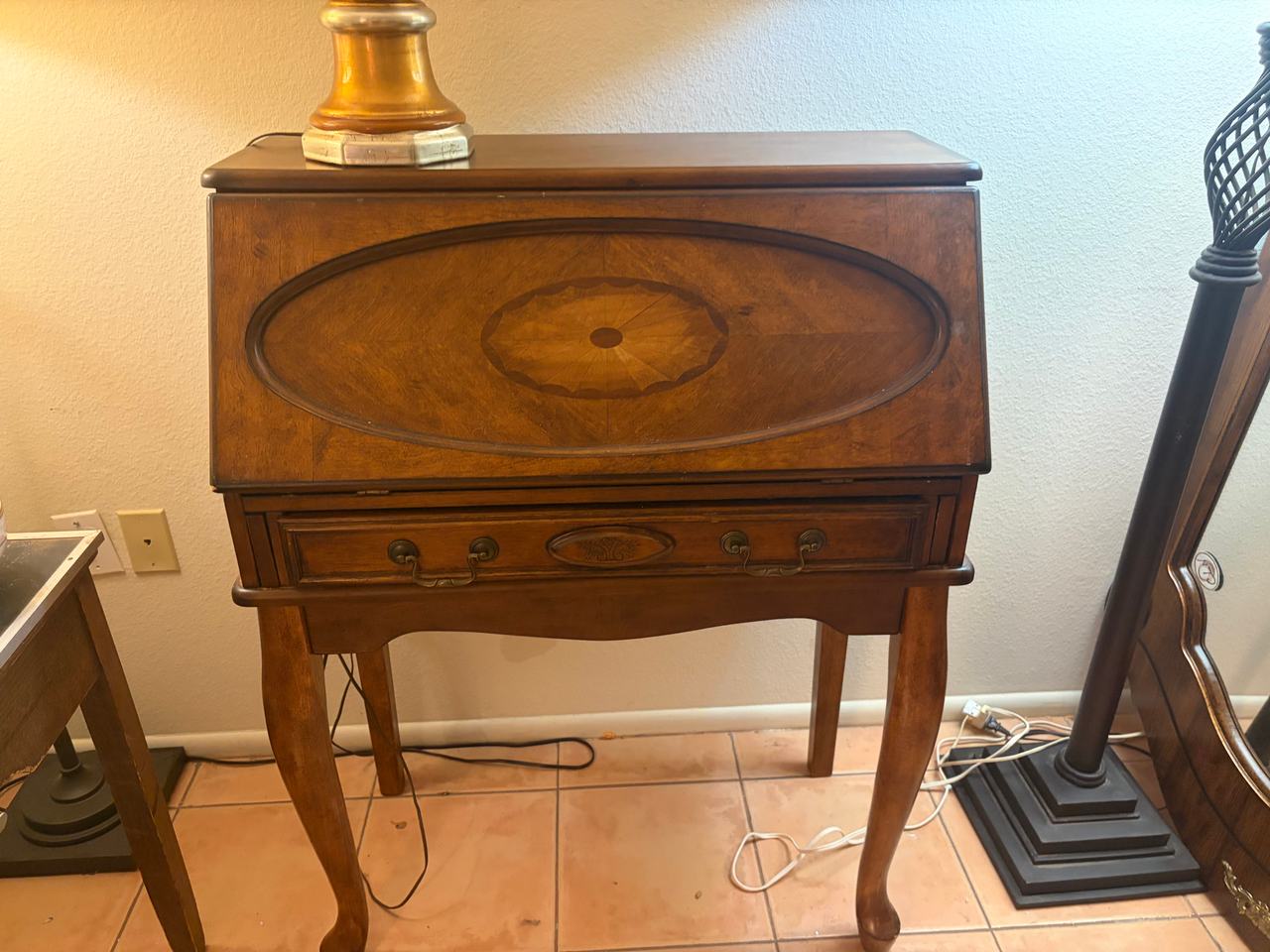 Vintage Wood Secretary Desk with Inlay and Cabriole Legs