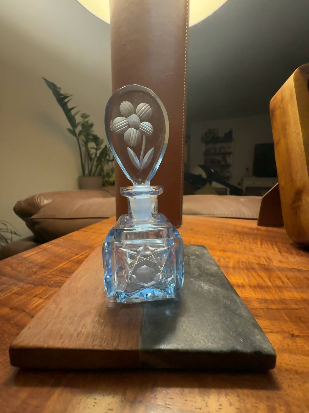 Vintage Art Deco Czech Blue Cut Glass Perfume Bottle with Etched Flowers