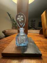 Vintage Art Deco Czech Blue Cut Glass Perfume Bottle with Etched Flowers - Image 1