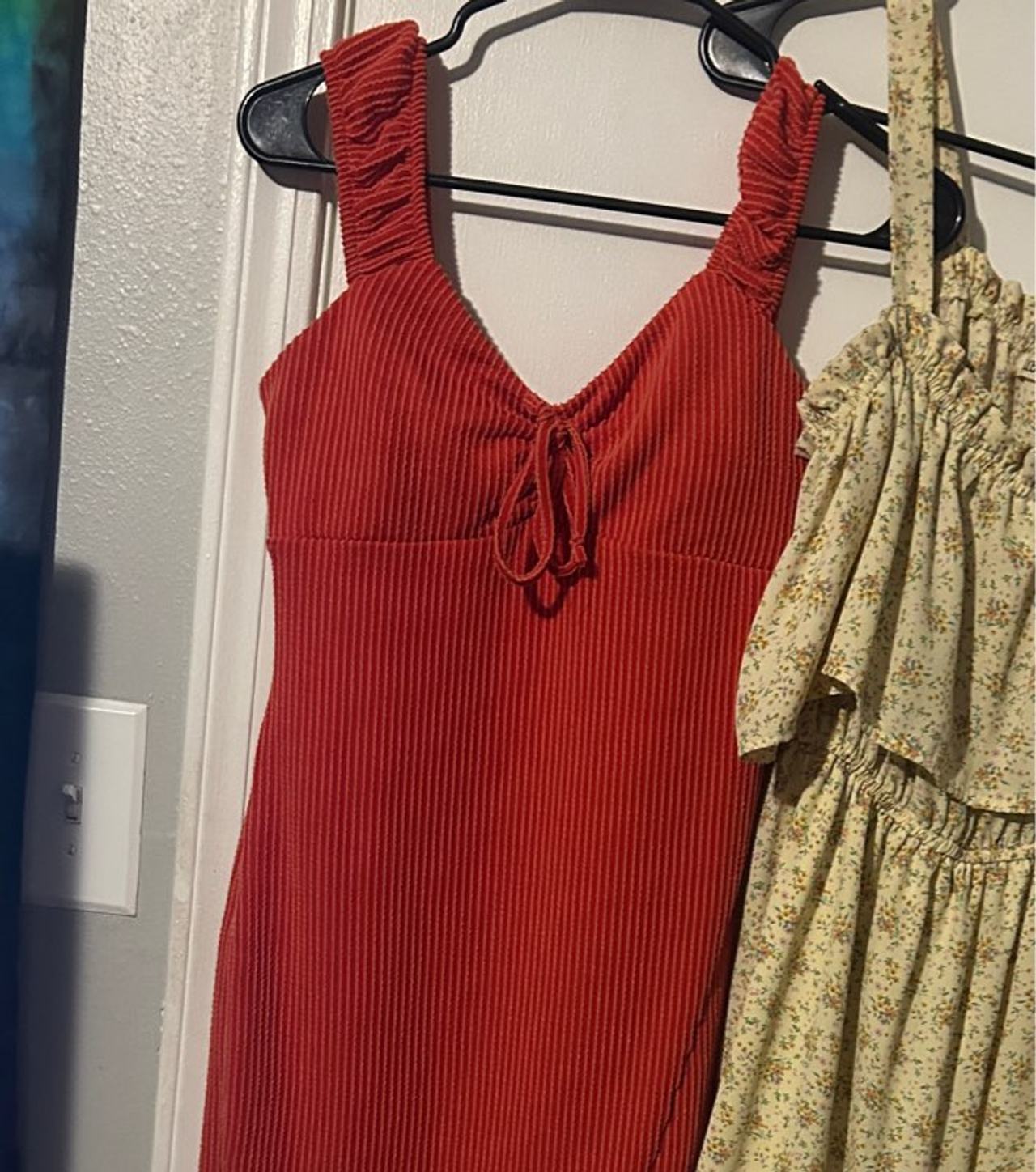 Ribbed Tie-Front Ruffle Strap Dress