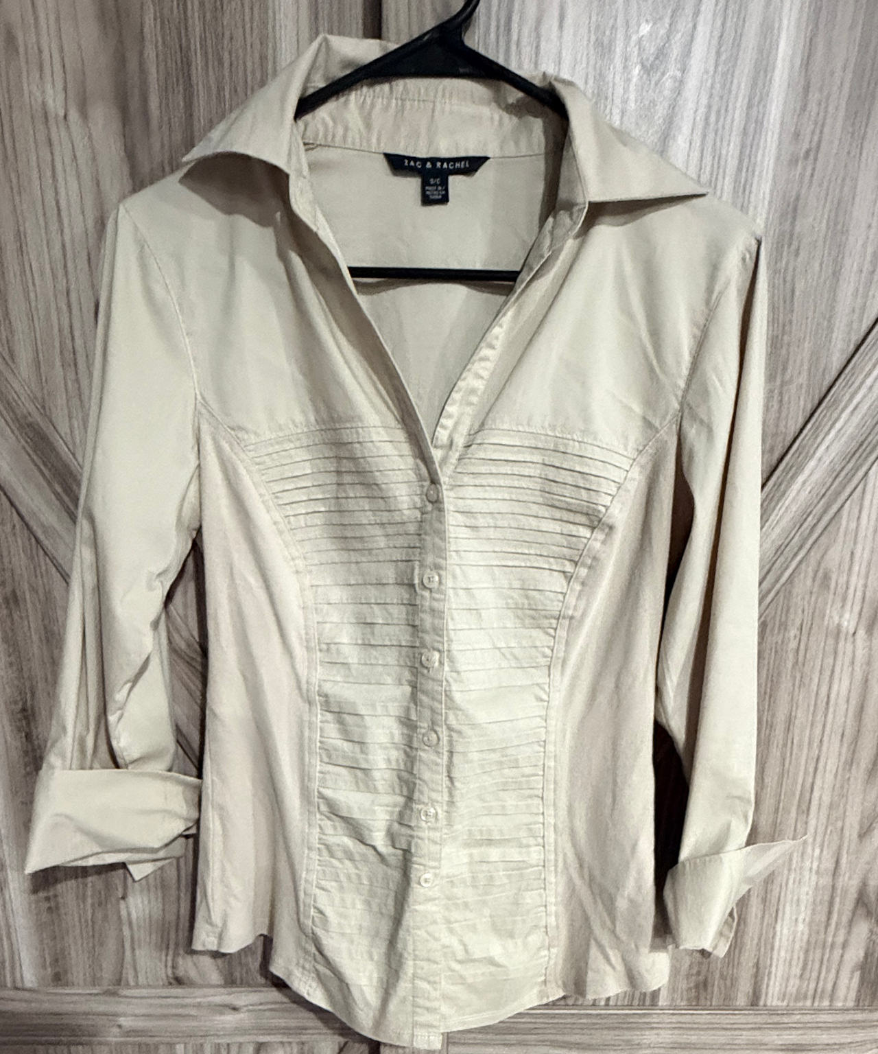 Zac & Rachel Small Pintuck Pleat Button Down Shirt Beige
