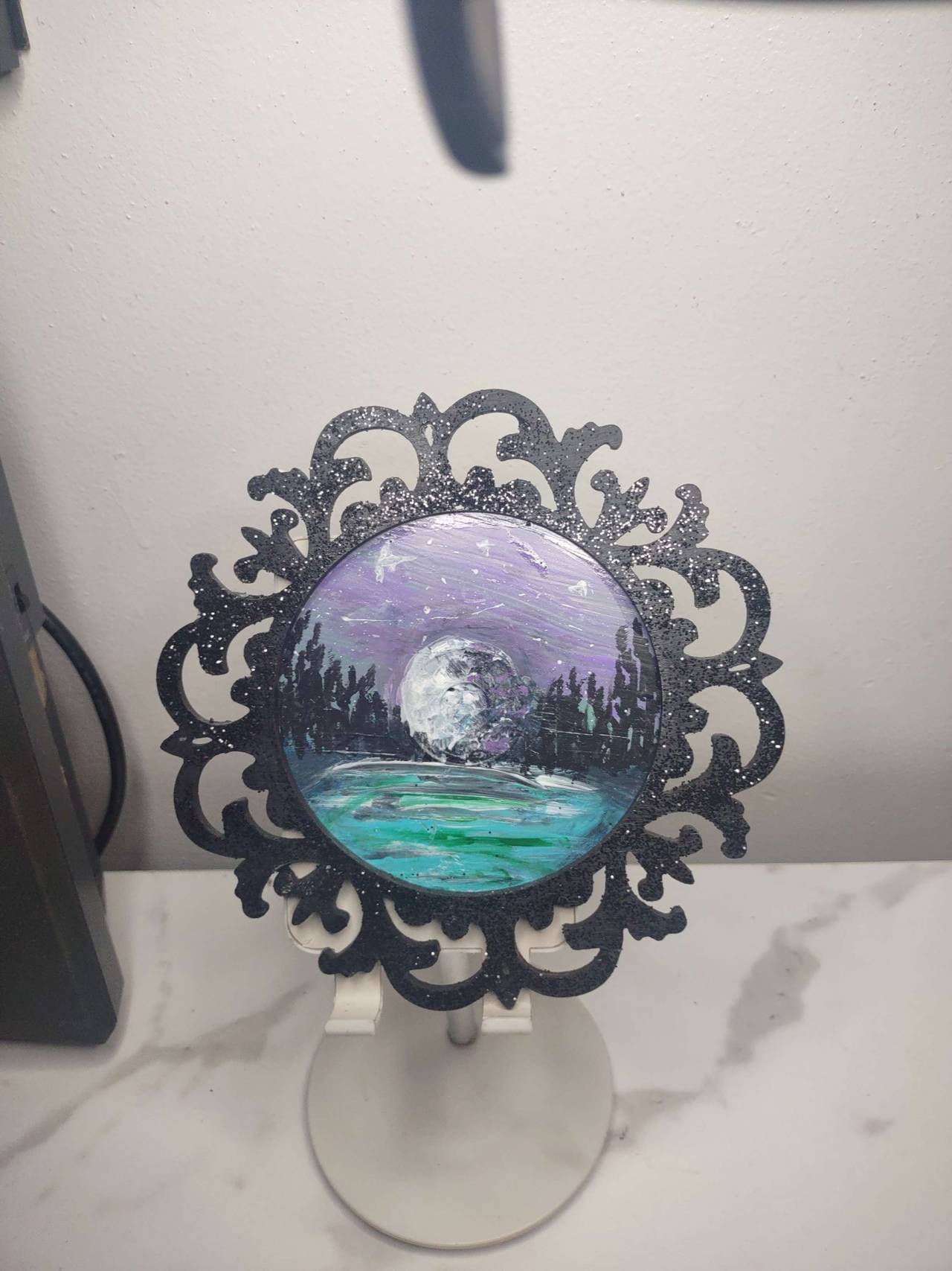 Hand Painted Moon Landscape in Ornate Glitter Frame