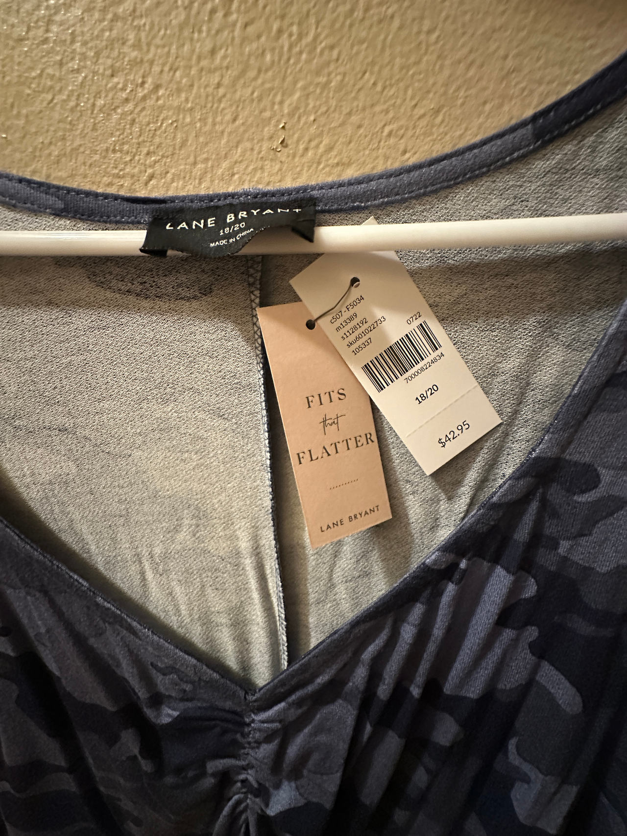 Lane Bryant Blue Grey Camo Top Blouse Swing Collection Sweetheart Neck 18/20