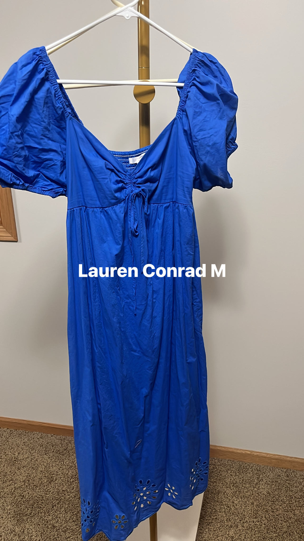 LC Lauren Conrad Blue Puff Sleeve Eyelet Midi Dress medium