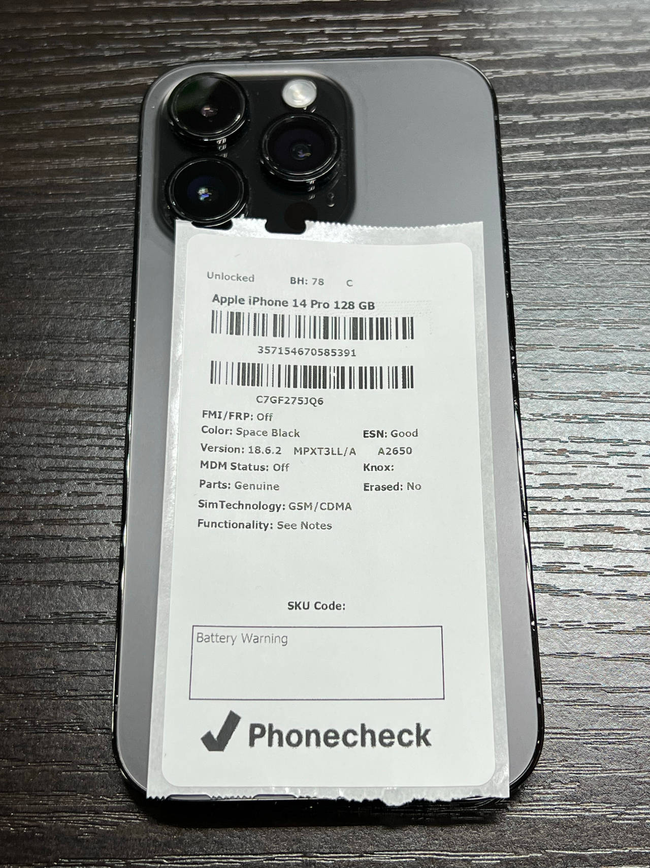Apple iPhone 14 Pro 128 GB Space Black unlocked BH 78 C
