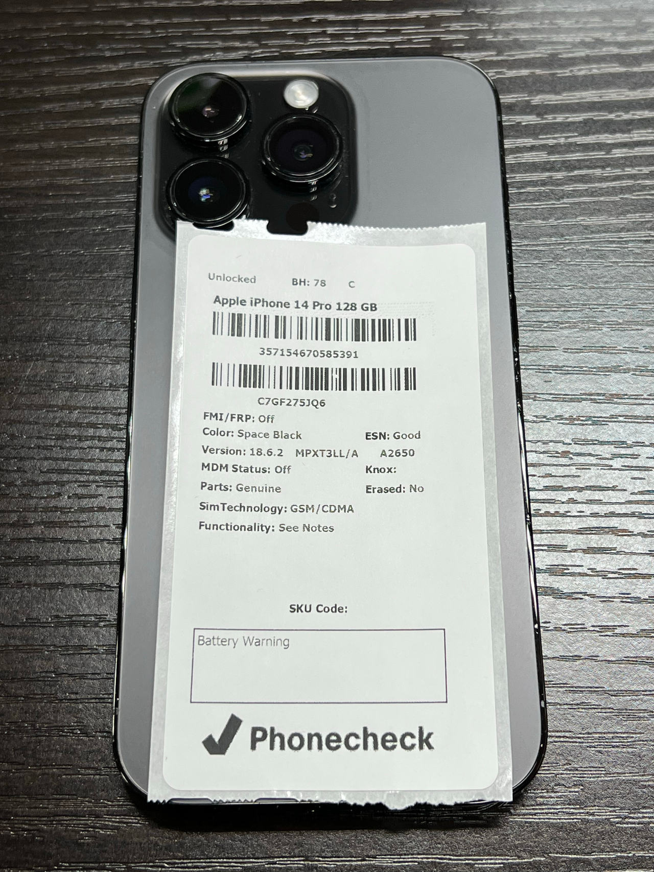 Apple iPhone 14 Pro 128 GB Space Black unlocked BH 78 C