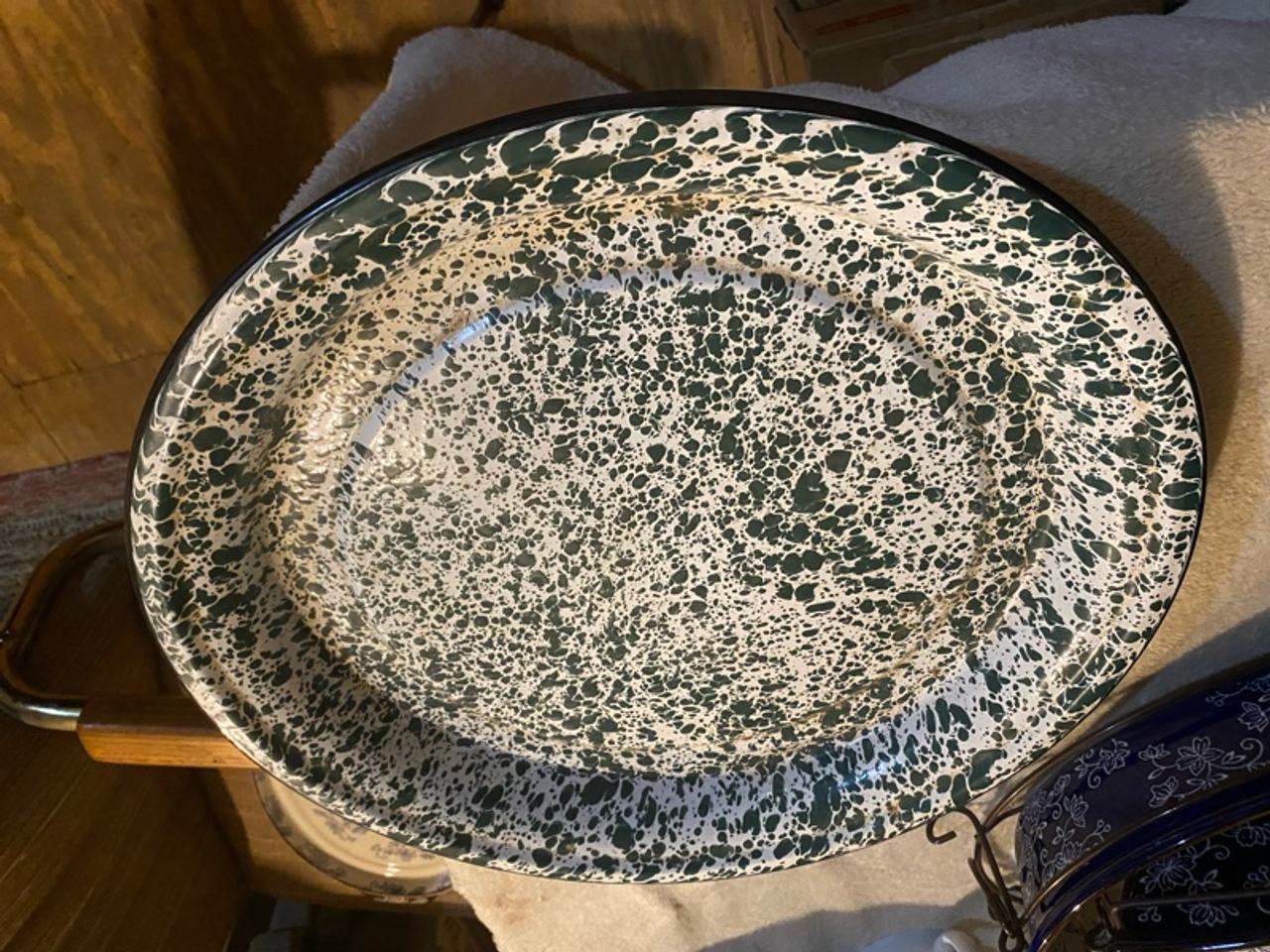Roseville Green Enamel Splatterware Oval Plate