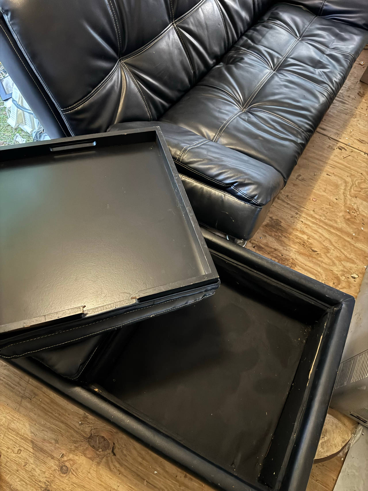 Faux Leather Futon with Convertible Storage Ottoman Tray