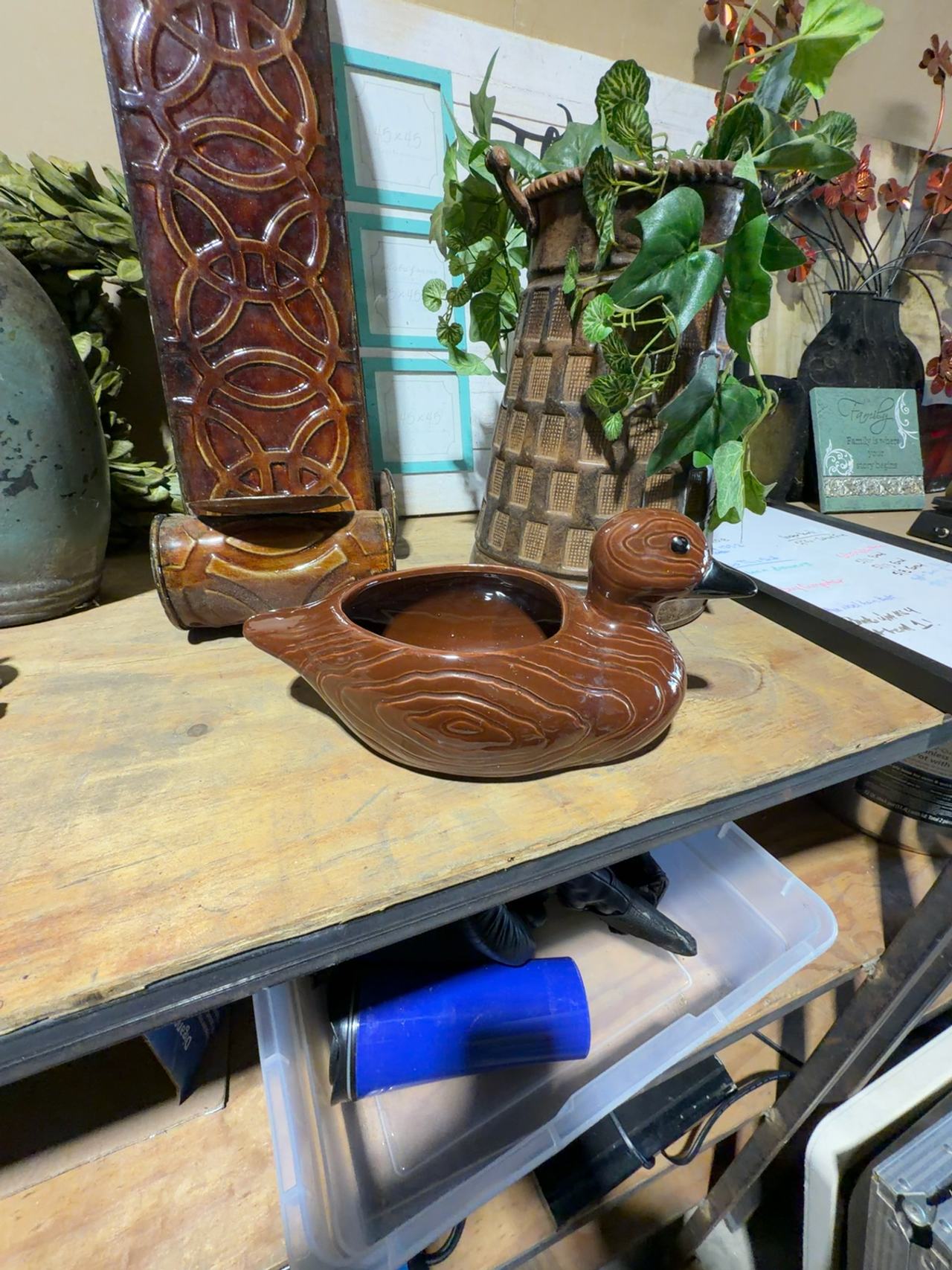Vintage Ceramic Duck Planter Brown Glazed