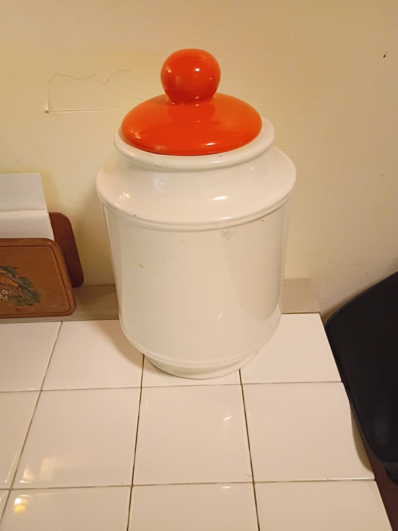 Vintage Ceramic Canister with Orange Lid
