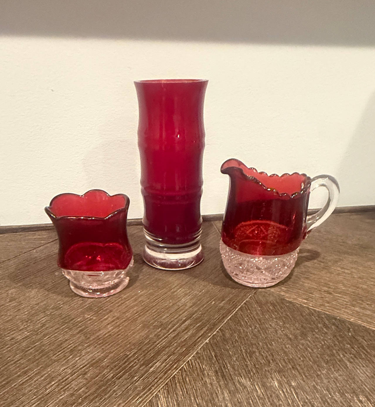 Vintage Ruby Red Glass Vase, Creamer, and Sugar Bowl Set