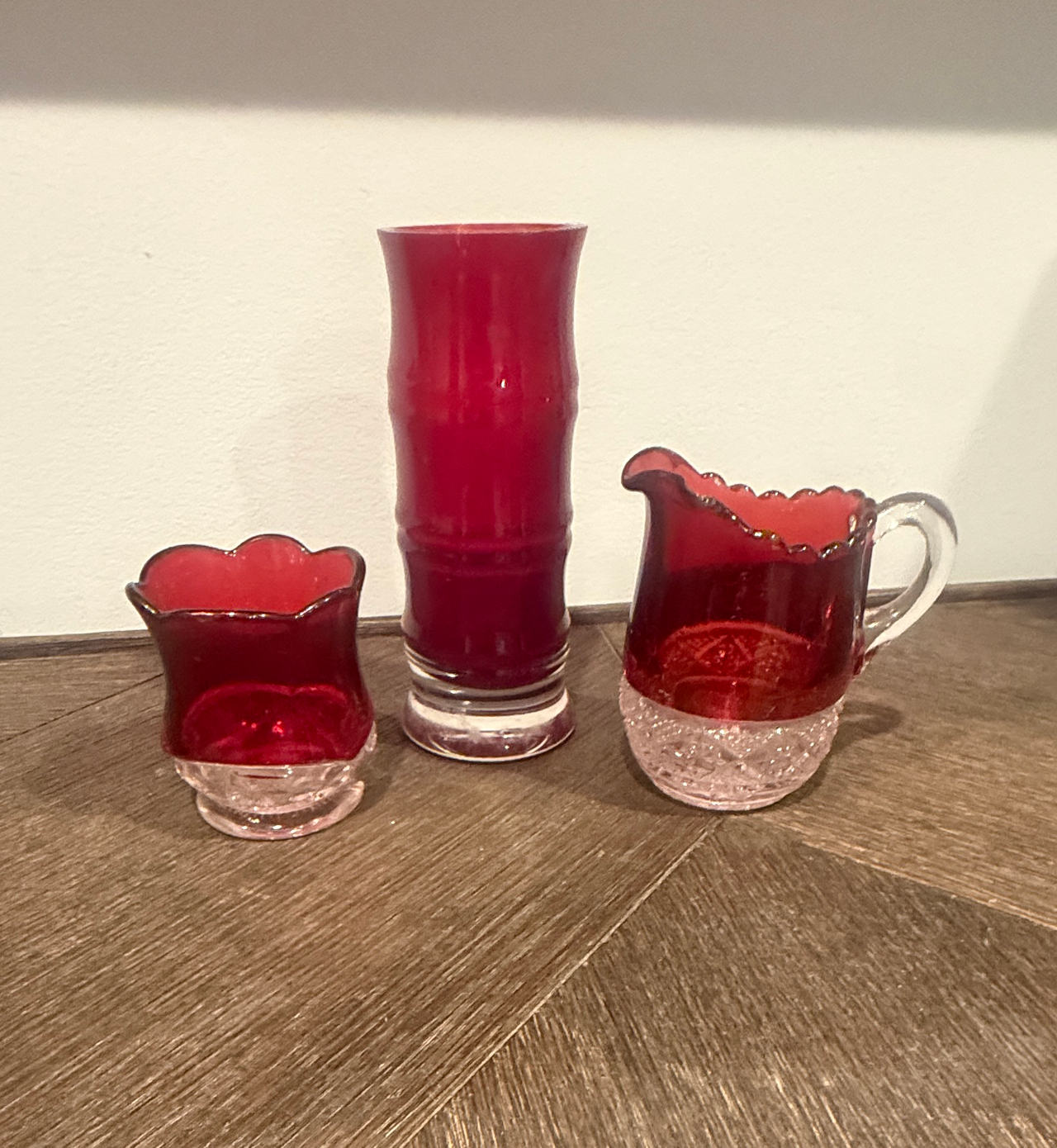 Vintage Ruby Red Glass Vase, Creamer, and Sugar Bowl Set