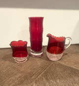Vintage Ruby Red Glass Vase, Creamer, and Sugar Bowl Set - Image 1