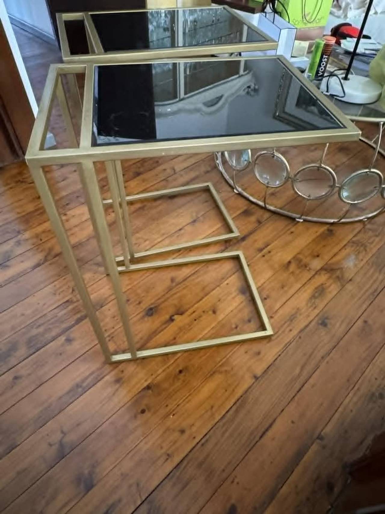 Gold C-Shape Side Tables with Black Glass Top