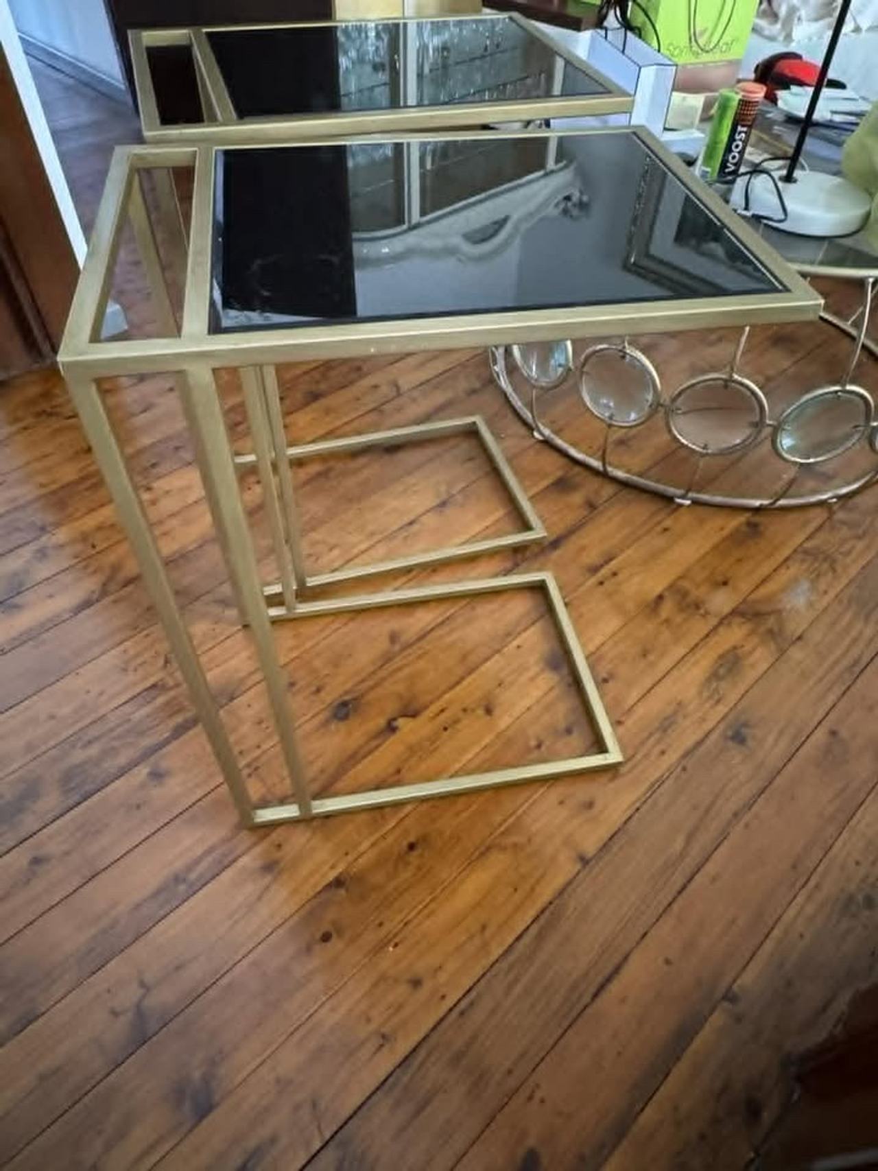Gold C-Shape Side Tables with Black Glass Top