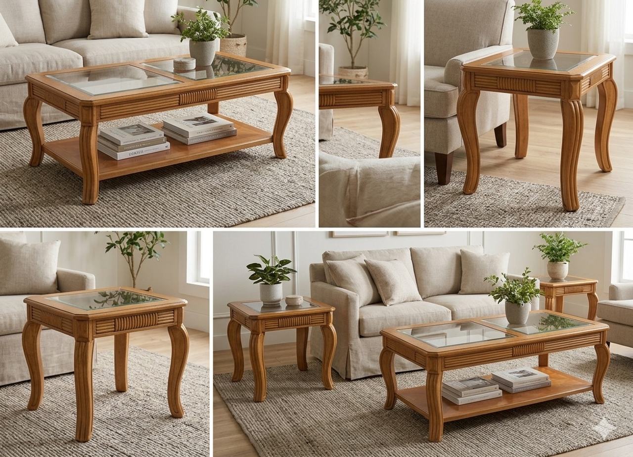 Vintage Oak and Glass Coffee Table Set