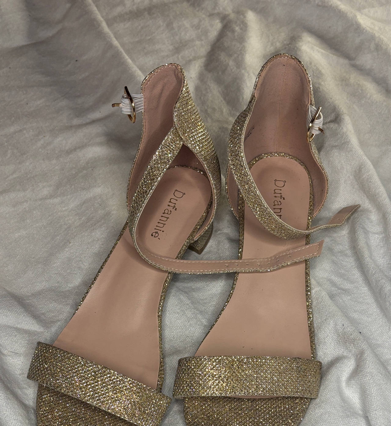 Dufannie Gold Glitter Low Block Heel Sandals