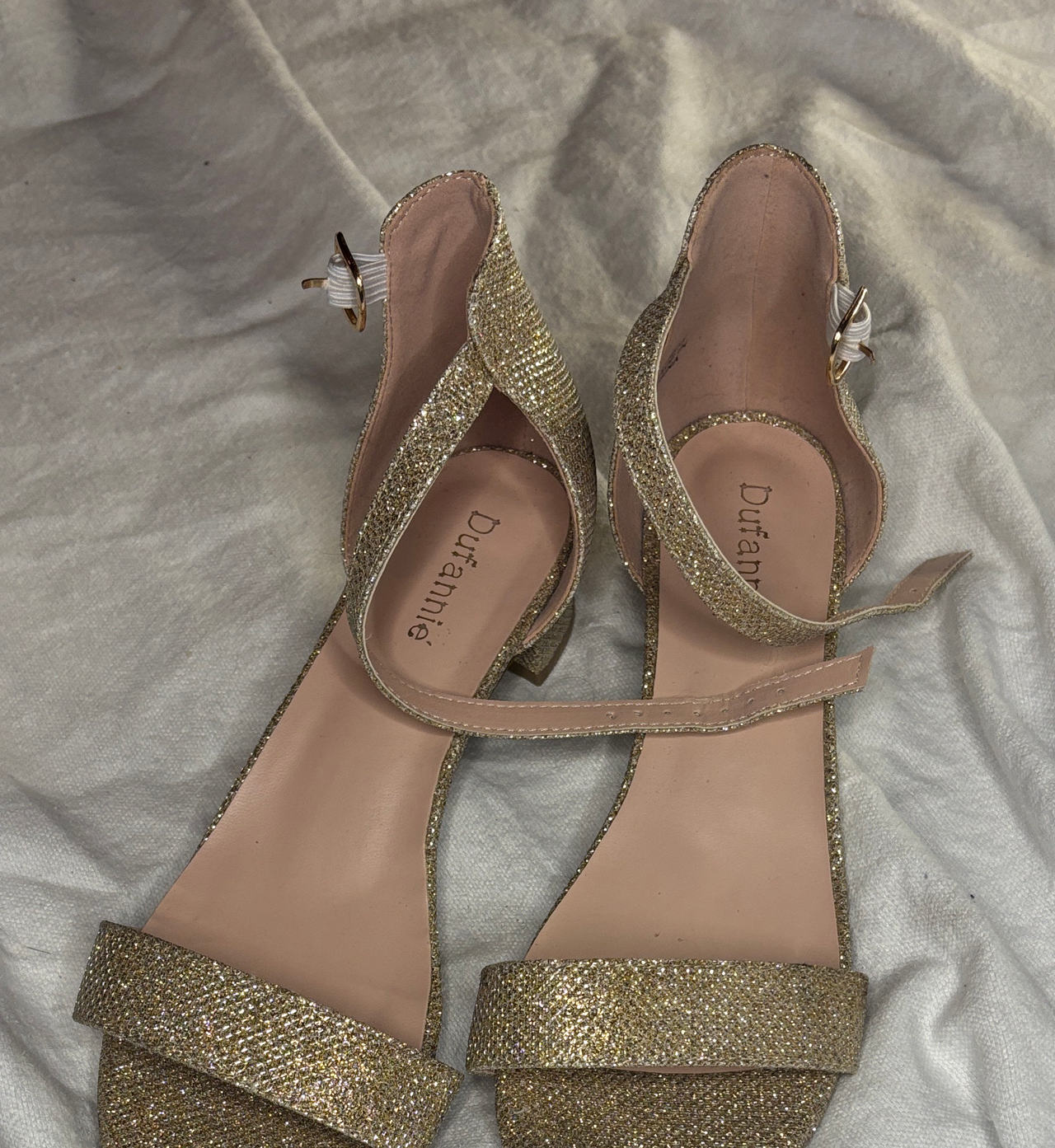 Dufannie Gold Glitter Low Block Heel Sandals