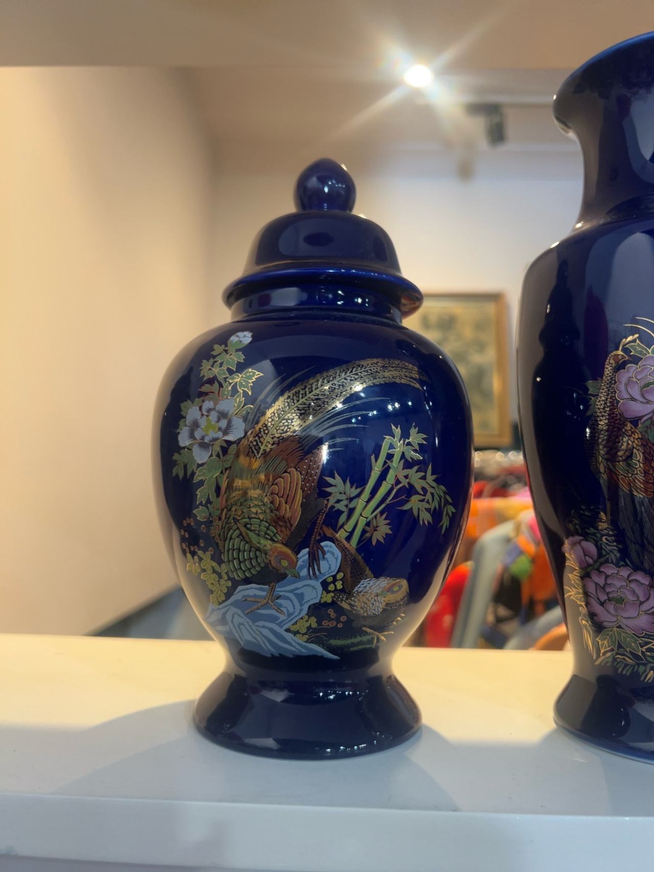 Japanese Cobalt Blue Peacock Ginger Jar with Gold Trim