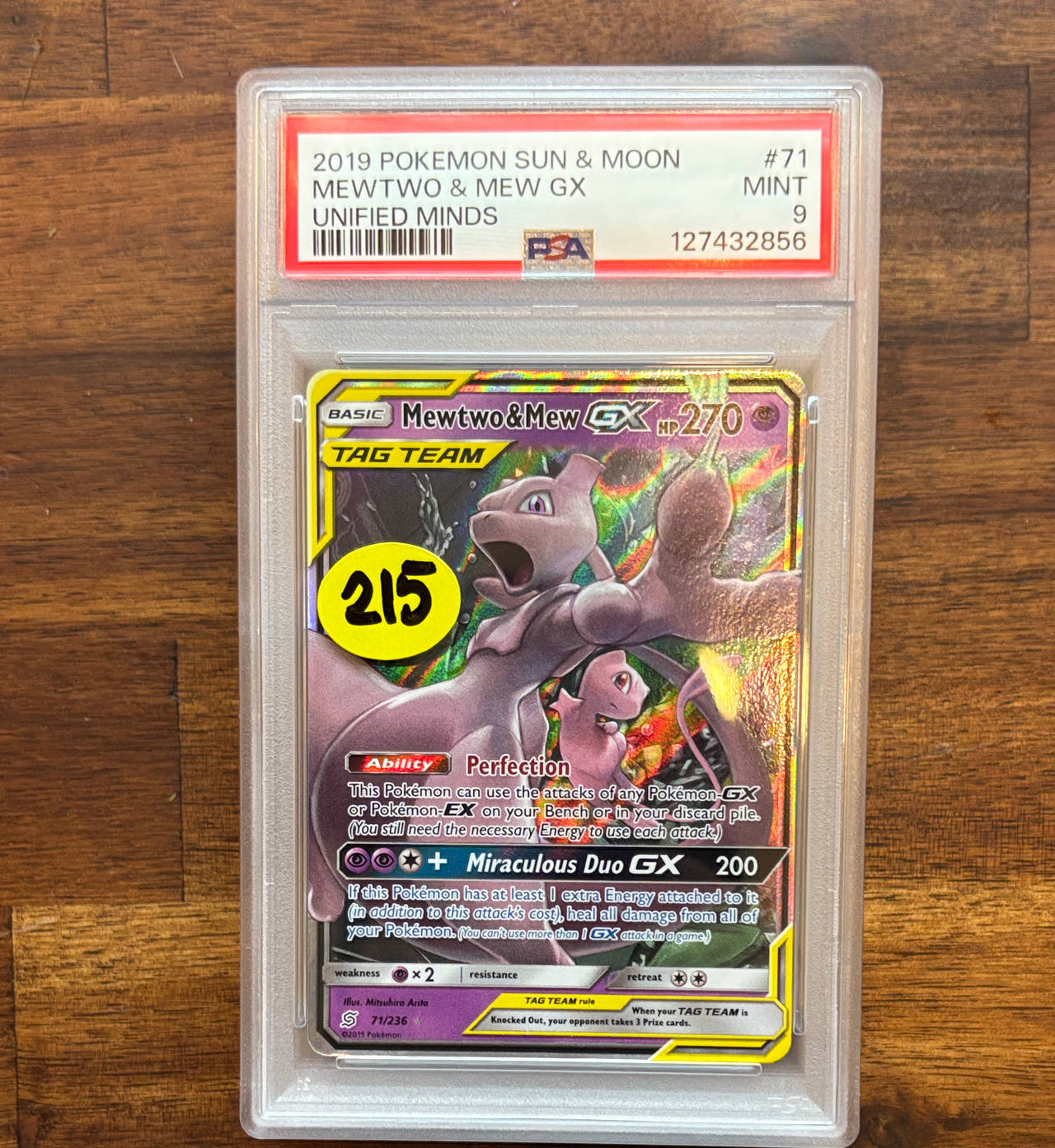 2019 Pokemon Sun & Moon Unified Minds Mewtwo & Mew GX #71 PSA 9 Mint