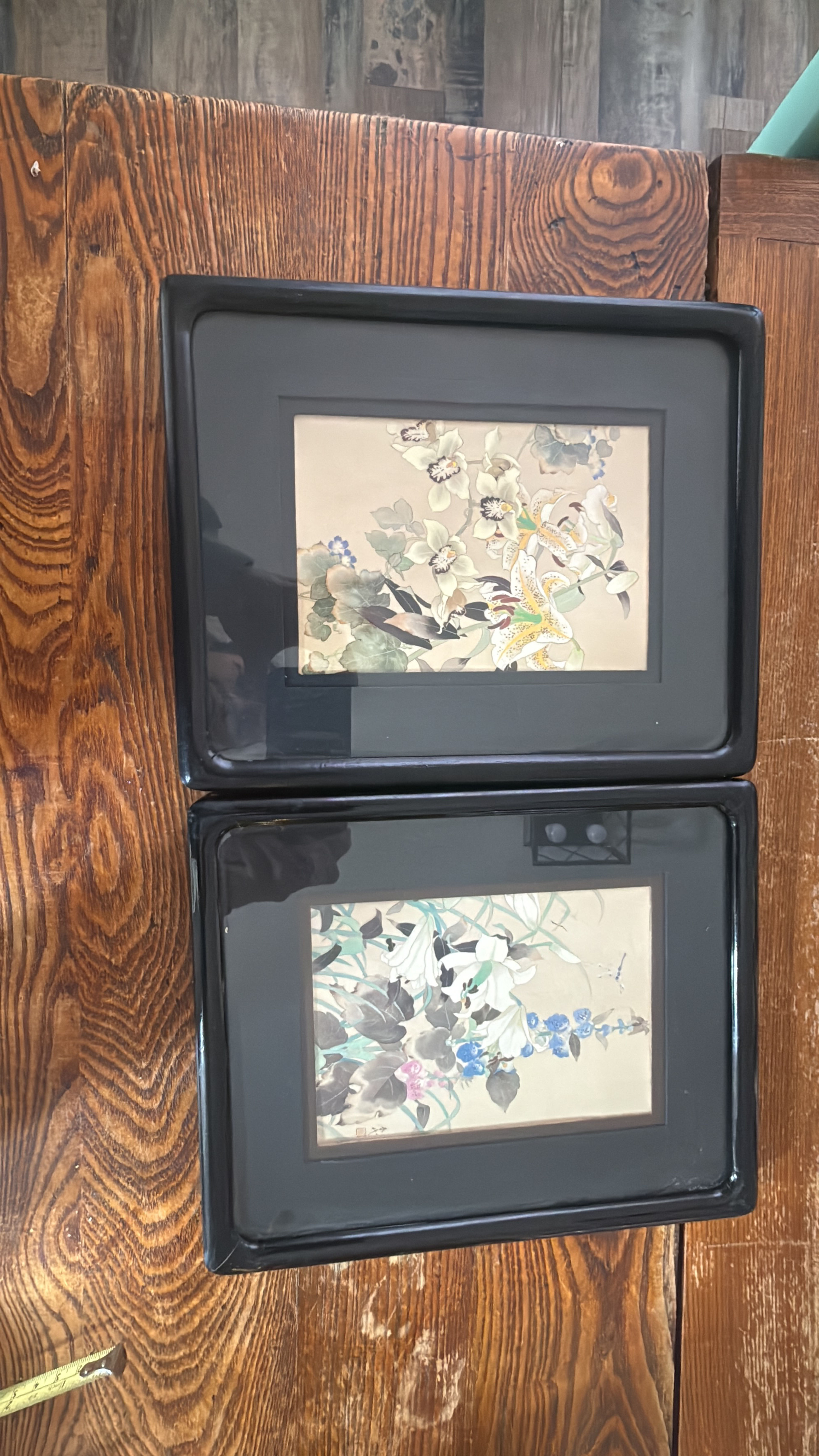 Vintage Framed Asian Floral Art Prints - Set of 2