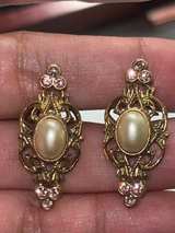 Vintage-Inspired Faux Pearl & Rhinestone Earrings – Gold-Tone Scrollwork - Image 2