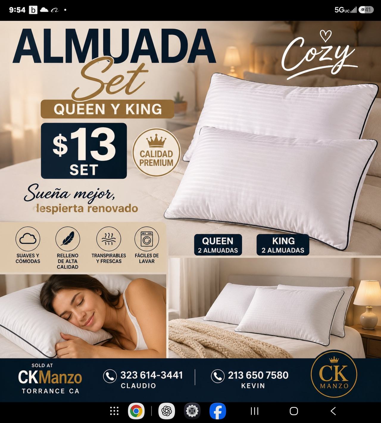$13 set queen or king  Almuadas CK Manzo Premium Pillow Set