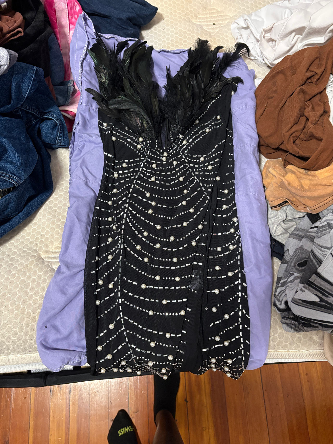 Black Feather and Pearl Embellished Mini Dress