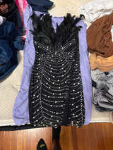 Black Feather and Pearl Embellished Mini Dress - Image 1
