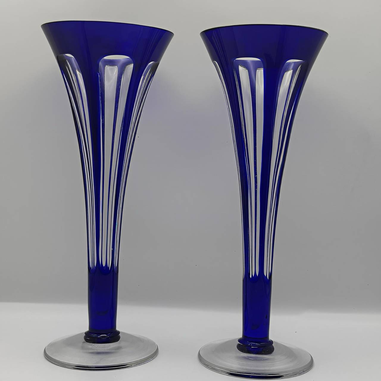Vintage Cobalt Blue Cut to Clear Glass Trumpet Vases