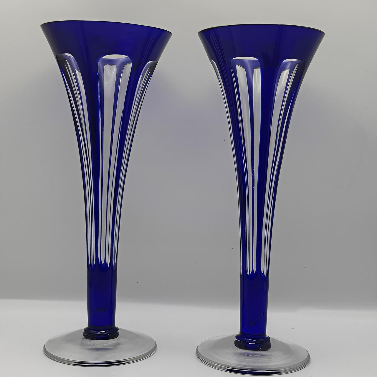 Vintage Cobalt Blue Cut to Clear Glass Trumpet Vases