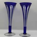 Vintage Cobalt Blue Cut to Clear Glass Trumpet Vases - Image 1