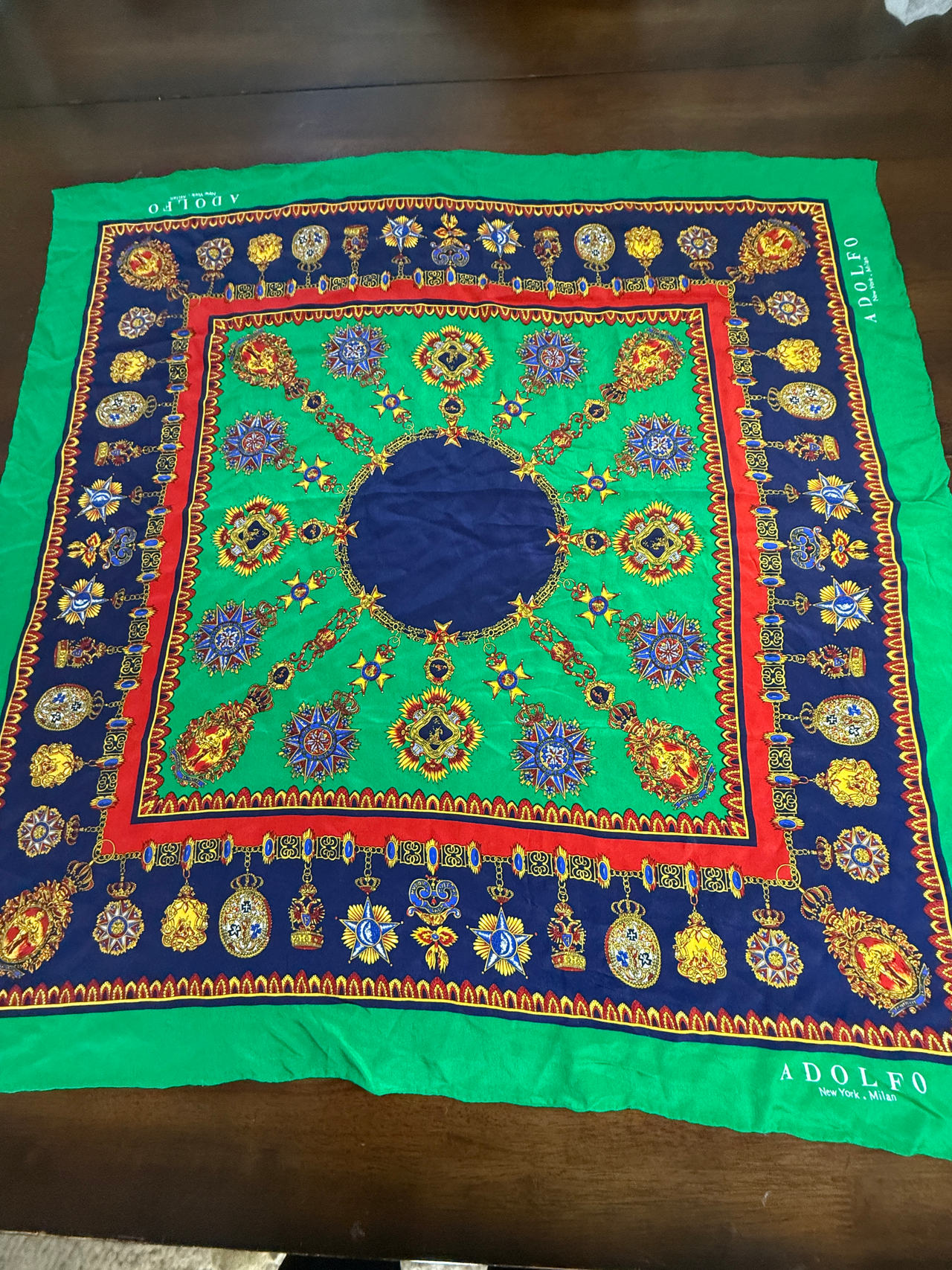 Adolfo Vintage Silk Crest Scarf