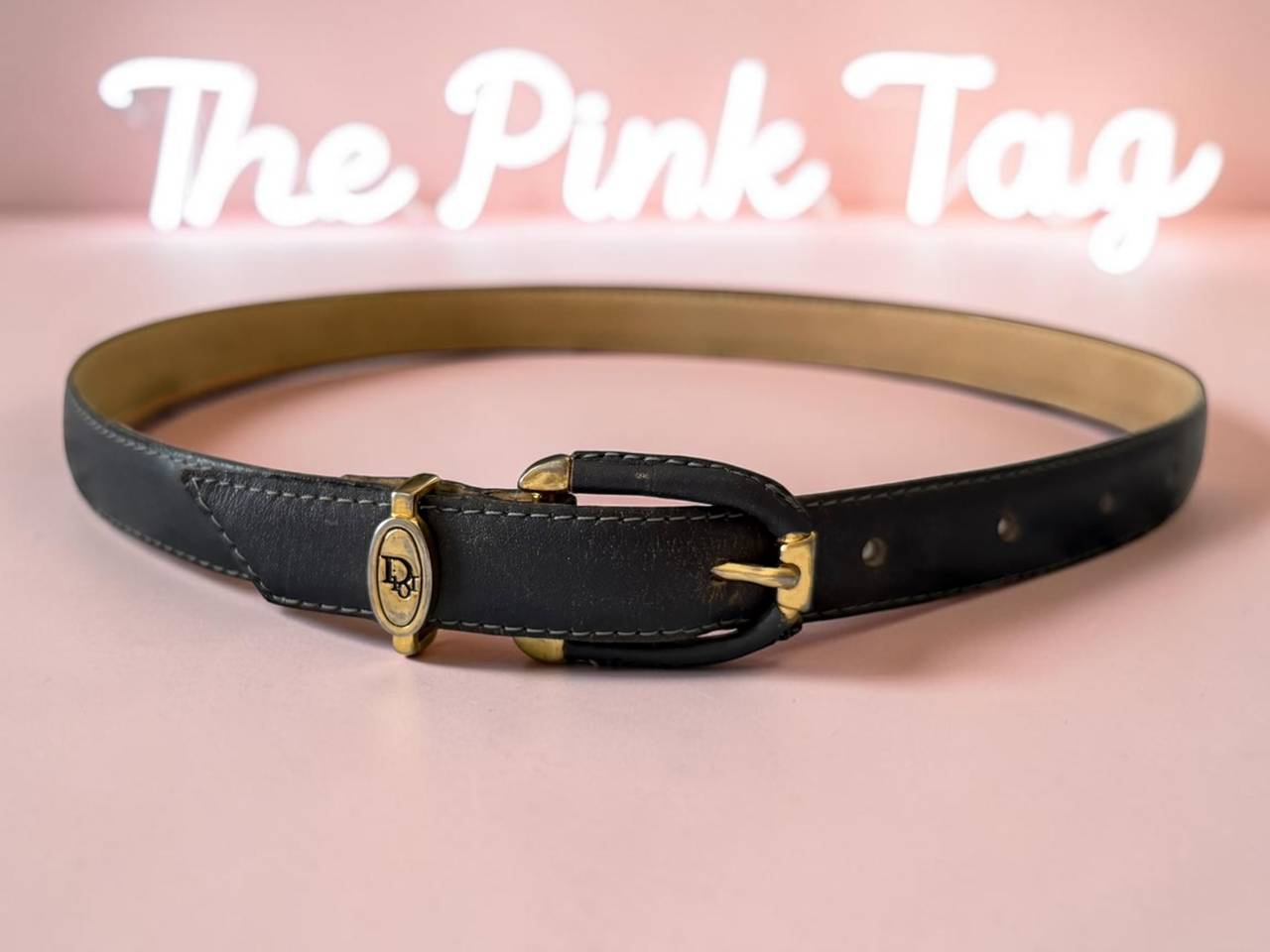 Christian Dior Vintage Navy Leather Belt with CD Logo Buckle