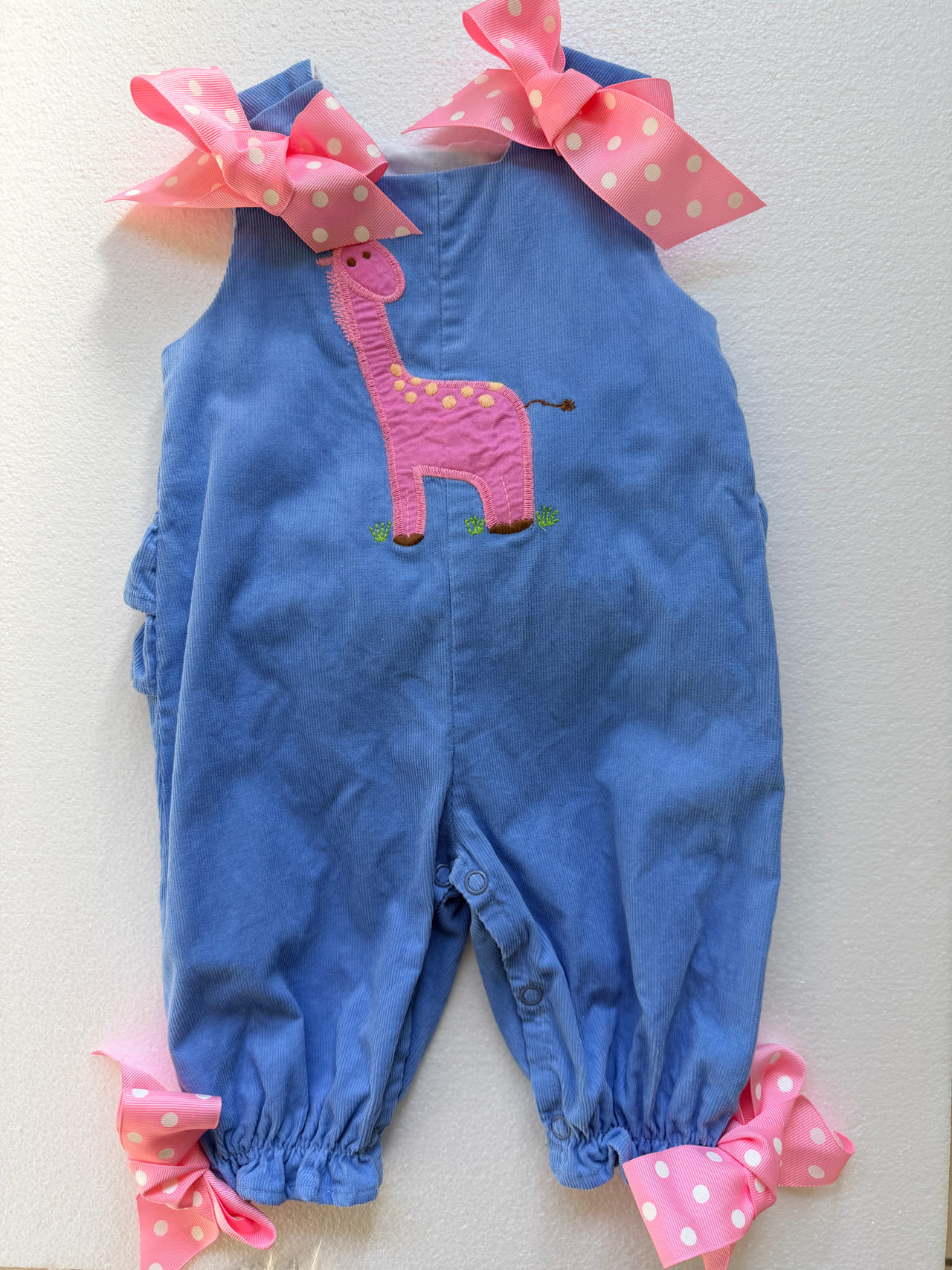 The Bailey Boys Girls Periwinkle Corduroy Romper with Pink Giraffe Appliqué 3M