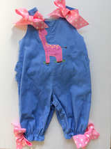 The Bailey Boys Girls Periwinkle Corduroy Romper with Pink Giraffe Appliqué 3M - Image 1