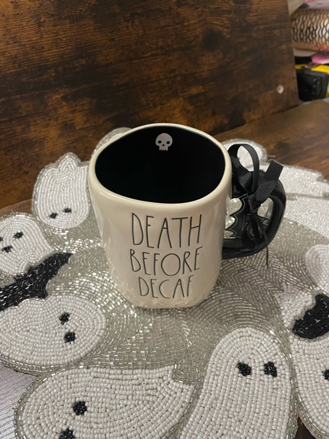 Rae Dunn White Ceramic "Death Before Decaf" Mug