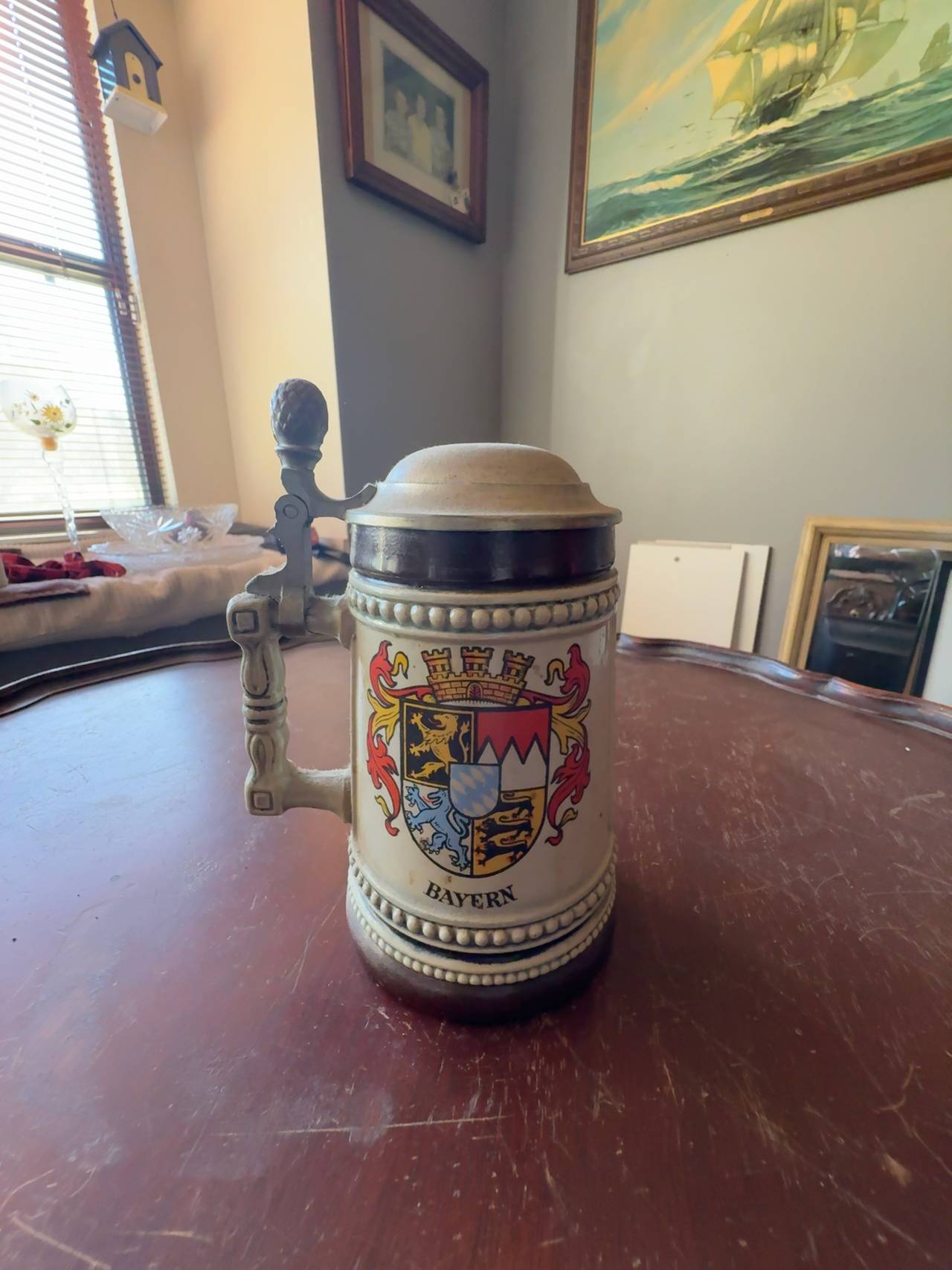 German Beer Stein Lidded Stoneware 6" Tall