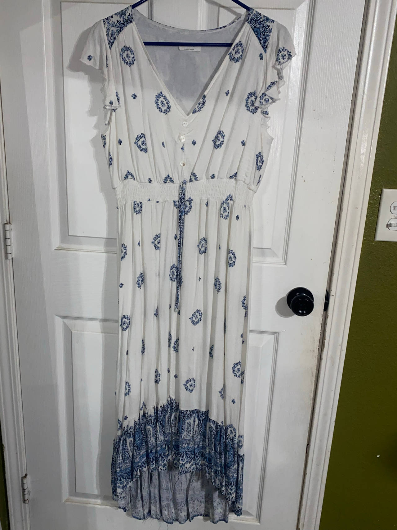 Blue and White Boho Maxi Dress, L