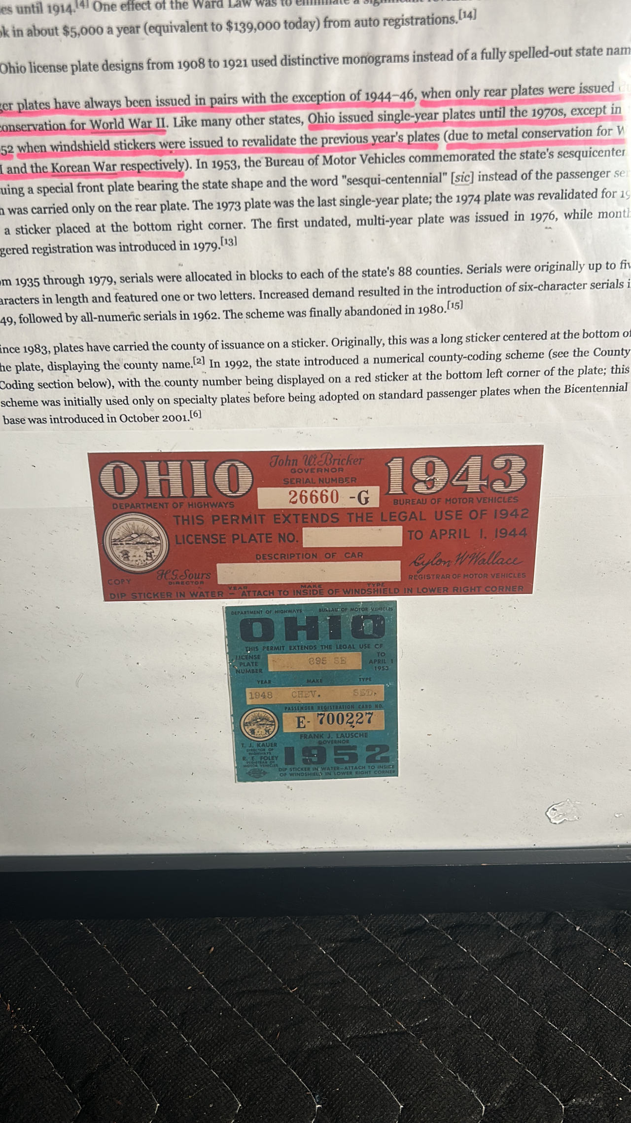 Vintage Ohio Windshield License Plate Stickers