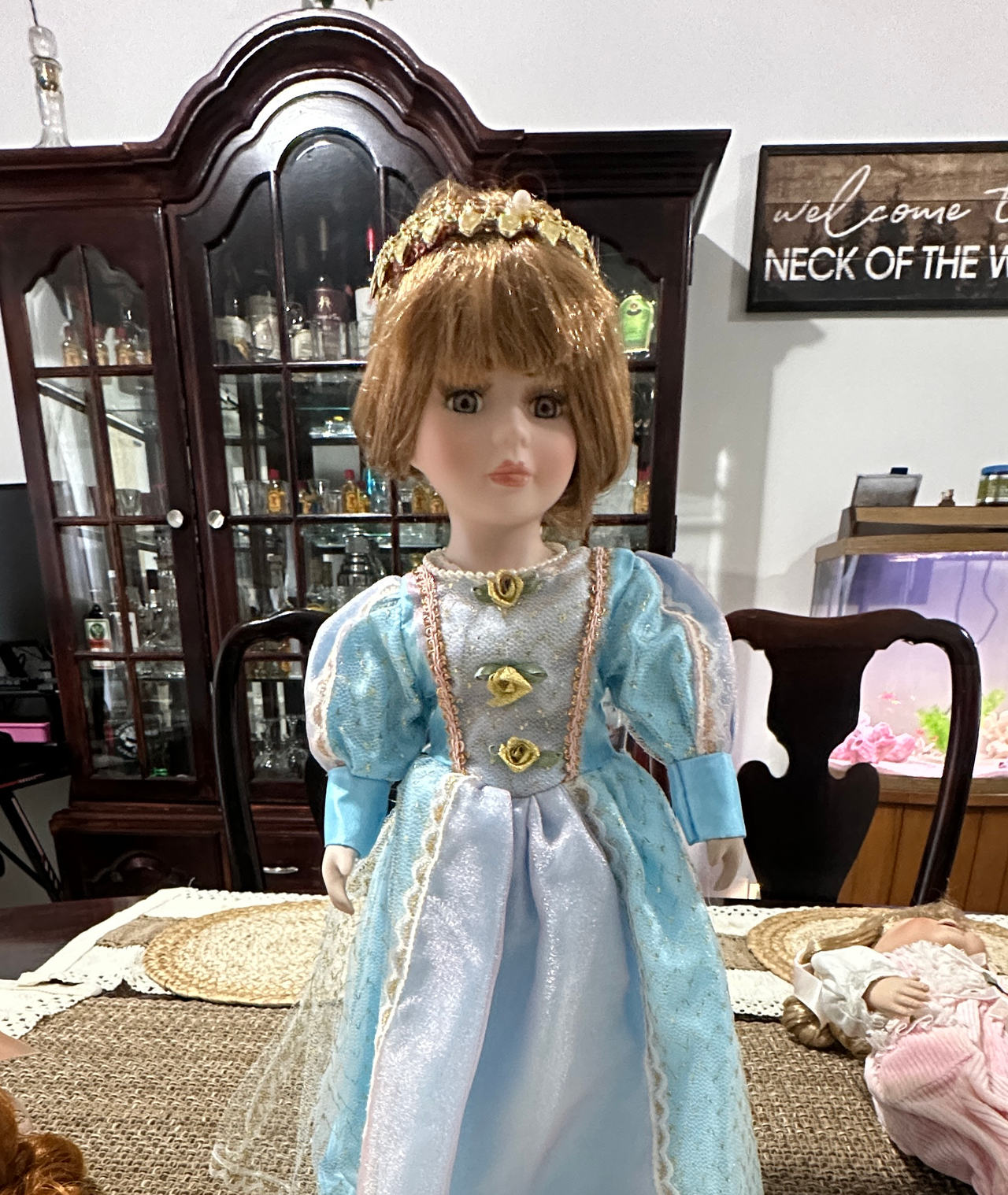 Vintage Porcelain Princess Doll in Blue Gown