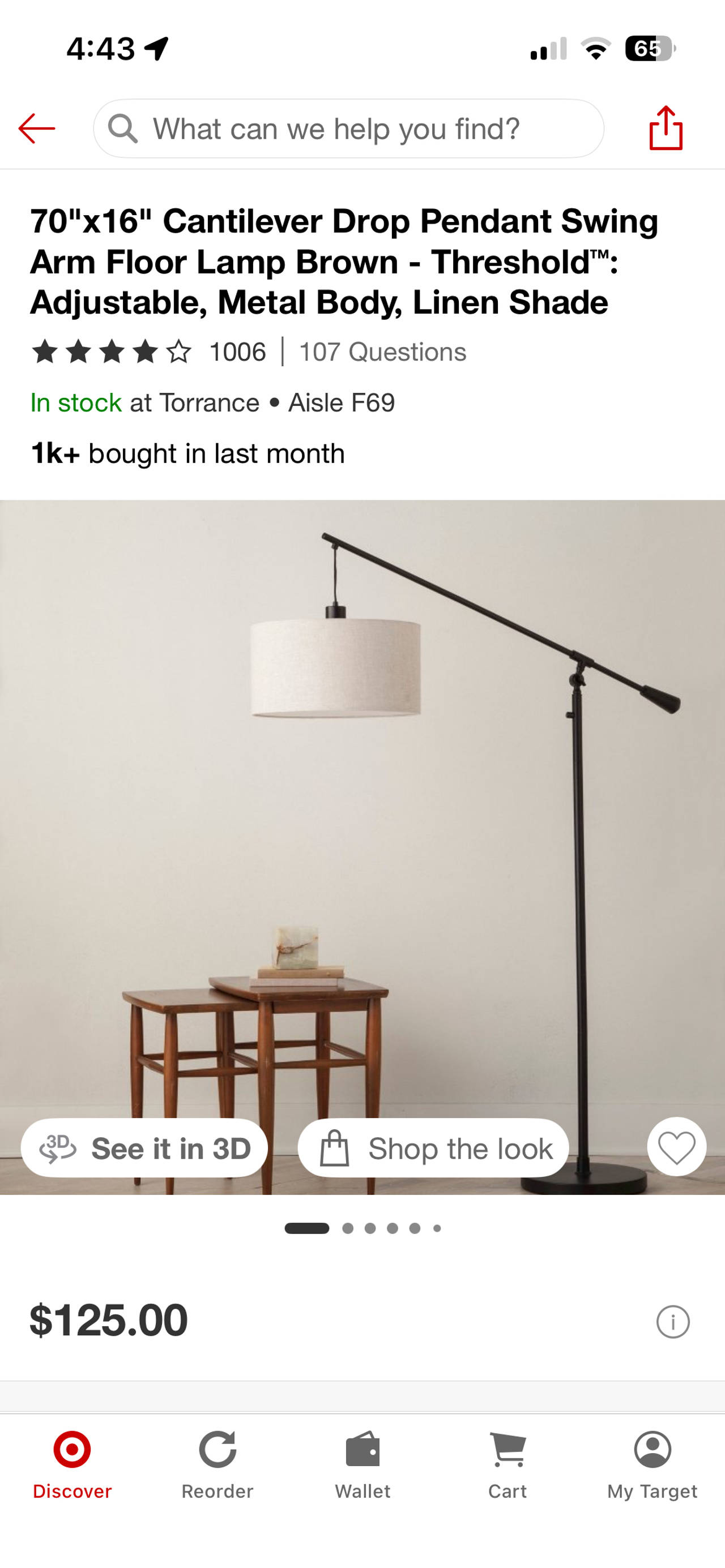 70"x16" Cantilever Drop Pendant Swing Arm Floor Lamp