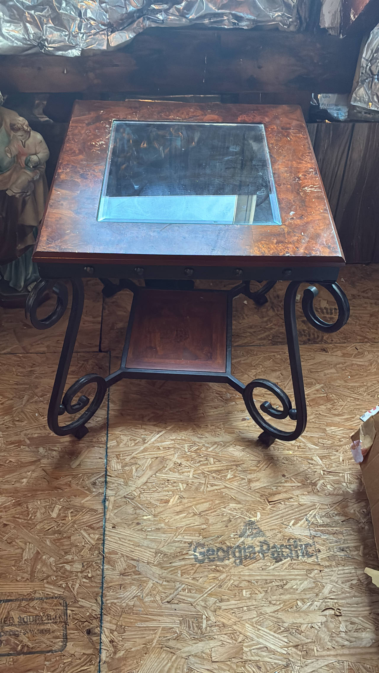 Rustic Wood and Metal End Tables with Glass Inset