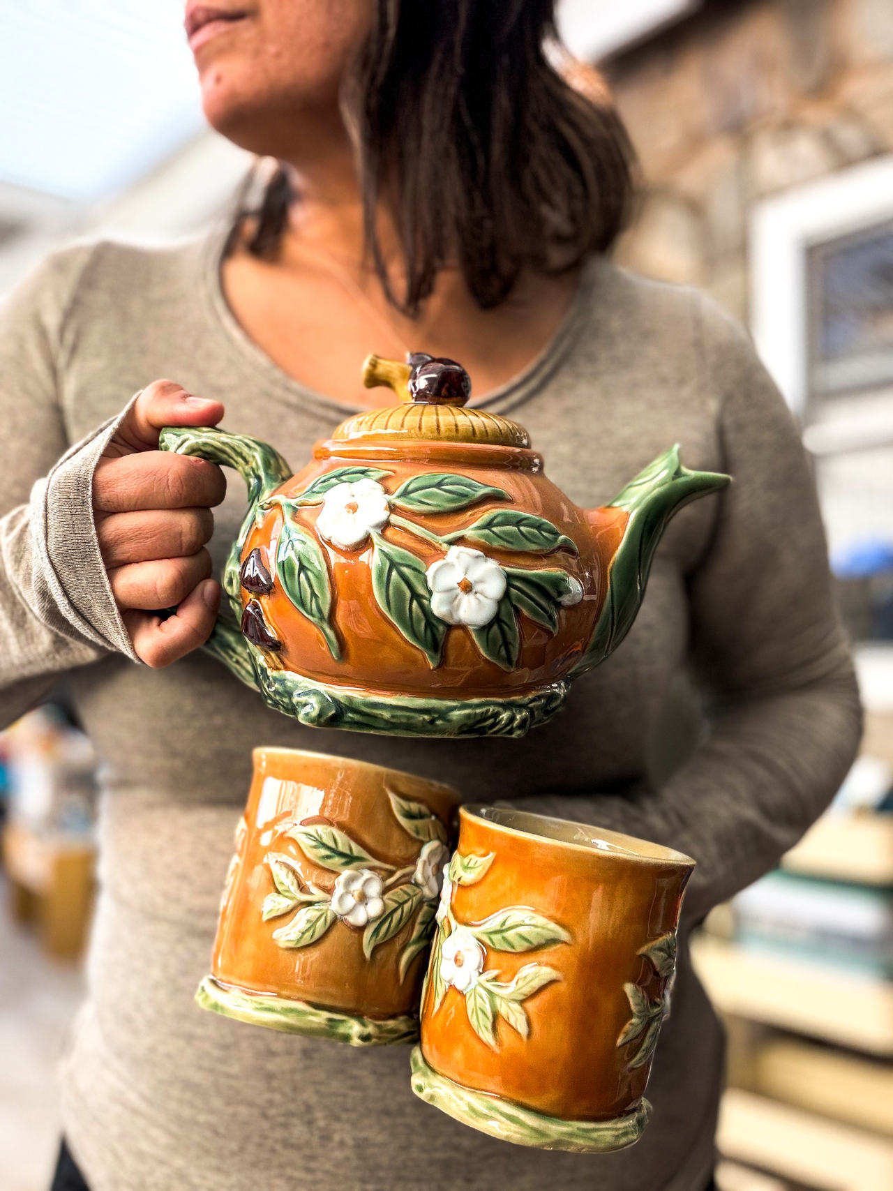 Vintage Ceramic Fruit Teapot Set Teapot + 2 Mugs