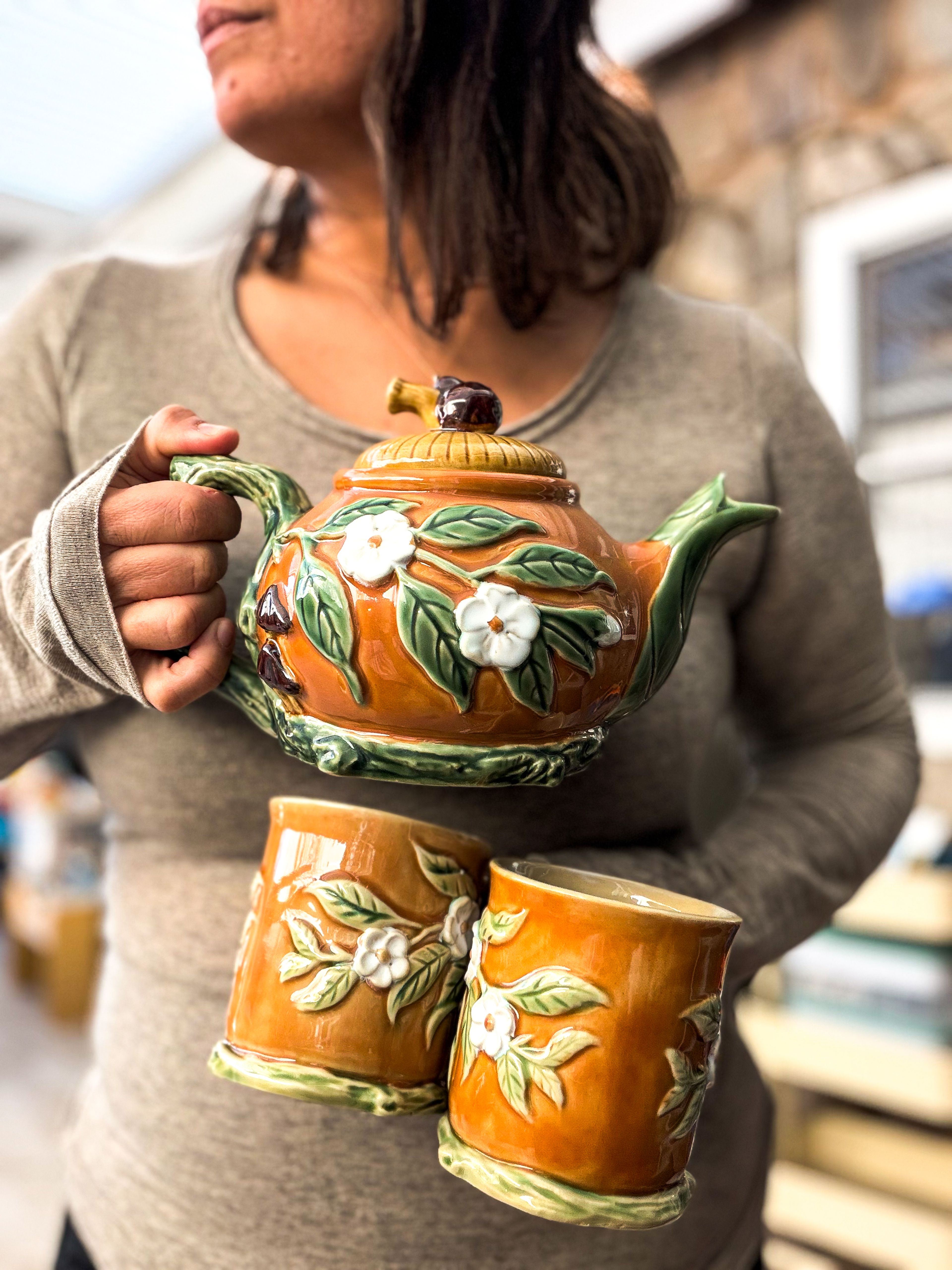 Vintage Ceramic Fruit Teapot Set Teapot + 2 Mugs