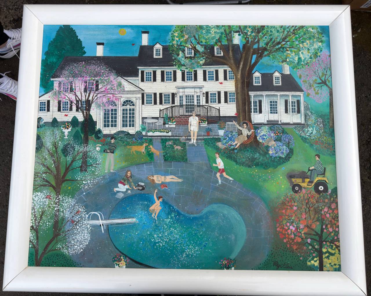 Large Original Painting Signed Regi Klein 33x39 Folk Art House Pool