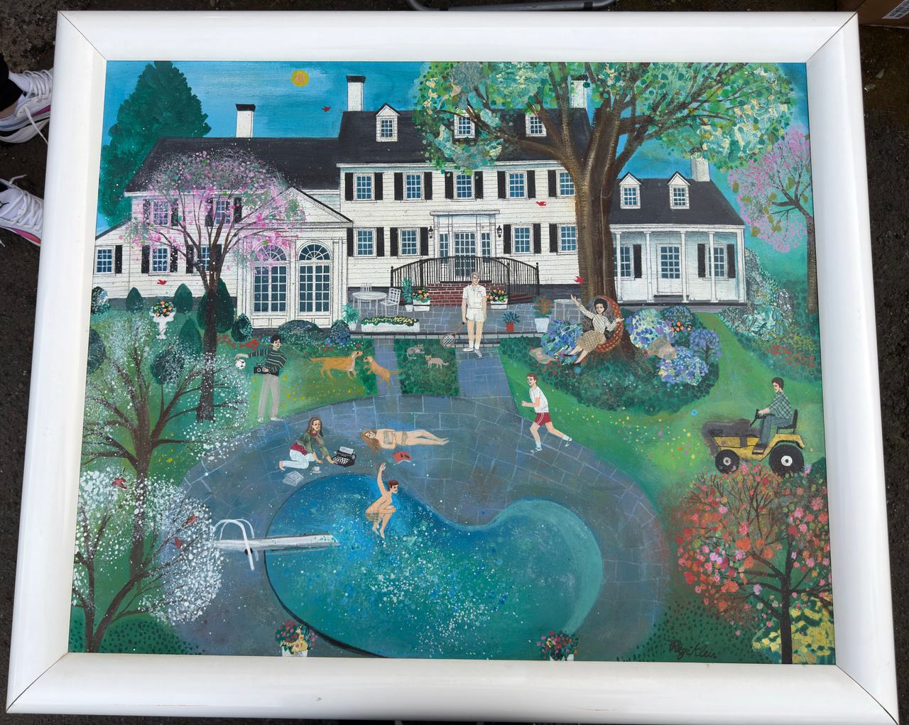Large Original Painting Signed Regi Klein 33x39 Folk Art House Pool